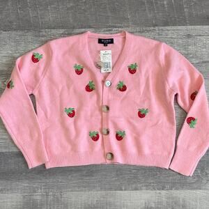 Wowo NEW Embroidered Strawberry Knit Cardigan Womens M Pink Crop Kuwaii Y2K Cute